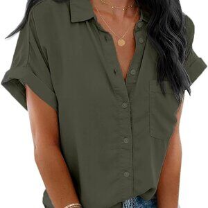 Army Green Short Sleeve Button Down Shirts Shirt Tops